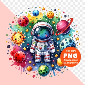 Astronauta PNG Astro Space Dibujos animados Planetas Diseño de sublimación para POD DTF Tendencia Clipart Descarga digital