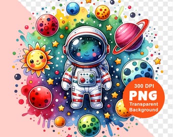 Astronaute PNG Design en sublimation de planètes dessin animé espace astro pour POD DTF tendance Clipart Digital Download