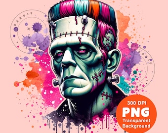 Punk Frankenstein PNG, Watercolor Frankenstein Shirt Sublimation Design Spooky Season Halloween Clipart