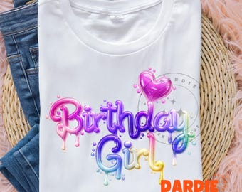 Camiseta de cumpleaños de niña PNG colorida PNG iridiscente para niñas PNG Diseño de sublimación Tendencia Clipart de cumpleaños Descarga digital