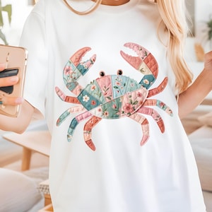Floral Patchwork Crab PNG Pink Faux Embroidery Girly Summer Nautical Aesthetic Coastal Trendy Summer Sublimation Design Clipart Download