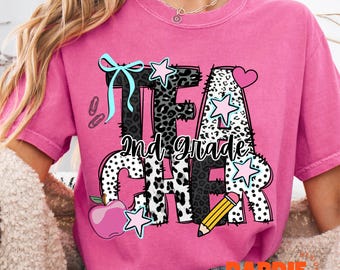 Preppy 2nd Grade Teacher PNG Second Grade, Y2K Leopard Grade School Tshirt Png Sublimation Design Clipart Digital Download
