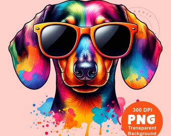 May include: A colorful dachshund with rainbow fur wearing sunglasses. The dog's face is the focus of the image, with a watercolor background.