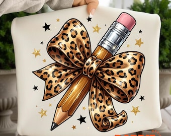 Leopard Bow Pencil PNG Trendy Teacher Sublimation Design Clipart