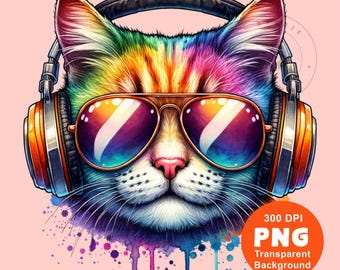 May include: A colorful cat wearing sunglasses and headphones. The cat has a rainbow-colored fur pattern and is set against a pink background with watercolor splatters.