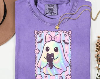 Pastel Iridescent Ghost PNG: Cute Kawaii Halloween Sublimation Design with Cat, Retro Coquette Bow Spooky Season Clipart (Instant Download)