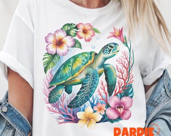 Floral Tropical Sea Turtle PNG Nautical Ocean Beach Summer Tshirt Sublimation Design Trending Clipart Digital Download