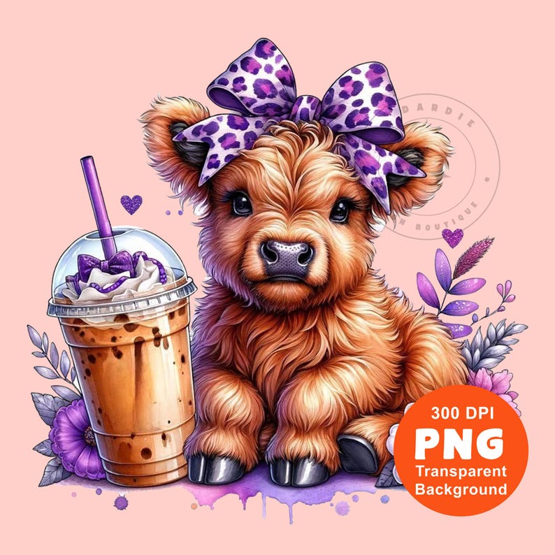 Pu&ograve; includere: Una simpatica mucca Highland di cartone animato con un fiocco viola e bianco a pois, seduta con una bevanda al caff&egrave; ghiacciata viola e bianco. Lo sfondo &egrave; rosa con fiori e foglie viola.
