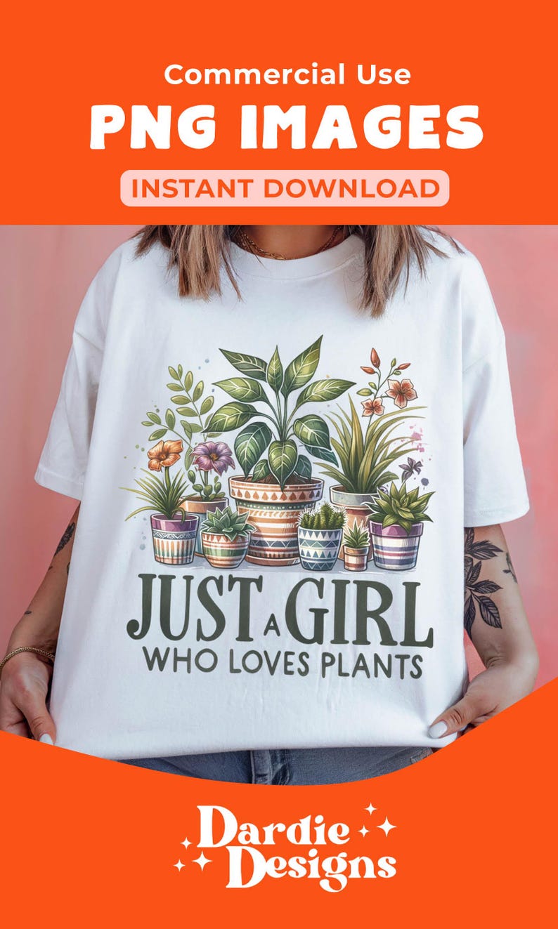 May include: A white t-shirt featuring a graphic of potted plants and the text "Just a girl who loves plants".