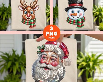 Retro Sequin Christmas PNG Bundle: Sparkle Bling Santa, Rudolph, Snowman Sublimation Design Clipart (Digital Download)