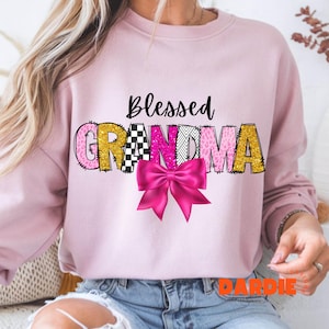 Blessed Grandma PNG Pink Gold Doodle Letters Glitter Leopard Print Coquette Trendy Grandma Gift Sublimation Clipart PNG