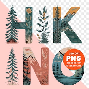 Op de afbeelding: Een set ge&iuml;llustreerde letters die "HIKING" spellen met een natuurthema. De letters zijn gevuld met afbeeldingen van bergen, bomen en water. De letters zijn in verschillende kleuren, waaronder blauw, groen, bruin en rood.