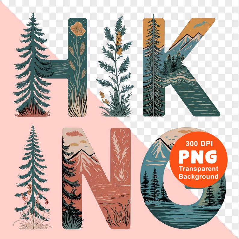 Op de afbeelding: Een set ge&iuml;llustreerde letters die "HIKING" spellen met een natuurthema. De letters zijn gevuld met afbeeldingen van bergen, bomen en water. De letters zijn in verschillende kleuren, waaronder blauw, groen, bruin en rood.