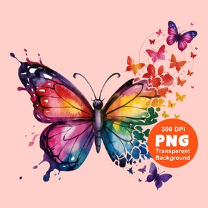May include: A vibrant watercolor butterfly with rainbow colors and a splatter paint effect. The butterfly is surrounded by smaller butterflies in various colors.