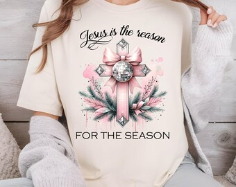 Pretty Coquette Cross PNG Jesus Png Religious Christian Christmas Png Jesus is the Reason for the Season Sublimation Design Digital Download