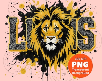 Lions Clipart PNG Black Yellow Gold Glitter Lion School Spirit Tshirt Design Sublimation File Digital Download
