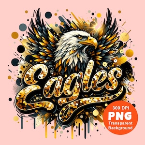 Peut inclure: Un aigle dor&eacute; aux plumes noires et dor&eacute;es est repr&eacute;sent&eacute; avec ses ailes d&eacute;ploy&eacute;es. La t&ecirc;te de l'aigle est tourn&eacute;e vers l'avant, le bec ouvert. Le mot "Eagles" est &eacute;crit en caract&egrave;res gras noirs avec des accents de paillettes dor&eacute;es. L'arri&egrave;re-plan est rose avec des &eacute;claboussures noires et dor&eacute;es.
