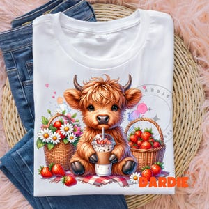Strawberry Highland Cow PNG Cute Girly Spring Summer Cow Lover Tshirt PNG Sublimation Design Trending Clipart Digital Download