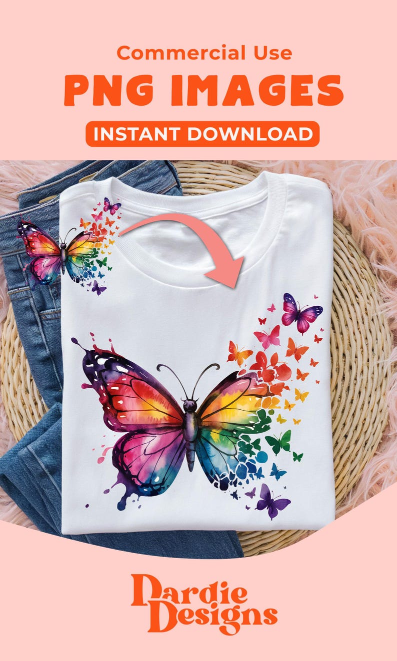 May include: A white t-shirt with a colorful watercolor butterfly design. The butterfly is surrounded by smaller butterflies in a rainbow of colors. The design is perfect for adding a touch of whimsy to any outfit.