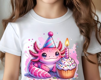 Birthday Axolotl PNG Happy Birthday Png Cute Kawaii Clipart Cupcake and Candle First Birthday Sublimation Design Digital Download