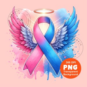 May include: A watercolor illustration featuring a pink and blue ribbon intertwined, adorned with angel wings and a halo. The design includes a transparent background and the text "300 DPI PNG Transparent Background" in an orange circle.