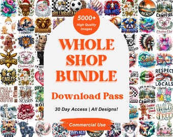 Könnte beinhalten: Eine Sammlung digitaler Bilder mit verschiedenen Designs, darunter Tiere, Urlaubsthemen und Text. Die Bilder werden als Download-Pass mit kommerziellen Nutzungsrechten angeboten. Der Text auf dem Bild lautet "WHOLE SHOP BUNDLE".