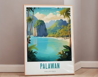 May include: A vintage travel poster featuring a scenic view of Palawan, Philippines. The poster depicts a lush tropical island with a rocky cliff, turquoise water, and palm trees. The text "PALAWAN PHILIPPINES" is printed at the bottom of the poster.