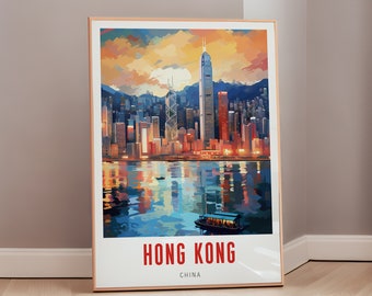 Cartel de viaje de Hong Kong mediados de siglo arte mural moderno China impresión decoración ecléctica arte asiático regalo estético descarga digital