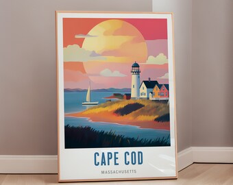 May include: A colorful illustration of a lighthouse on a beach with a sailboat in the water. The sky is a vibrant orange and pink with a large sun in the background. The text "CAPE COD MASSACHUSETTS" is at the bottom of the image.