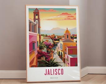 Jalisco Travel Poster Mexico Print Mid Century Modern Wall Art Eclectisch Decor Mexicaanse kunst Latijns-Amerika Esthetisch Cadeau Digitale Download
