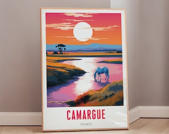Camargue Travel Poster France Print Mid Century Modern Wall Art Eclectic Decor French Art Europe Aesthetic Gift Digital Download