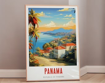 May include: A vintage travel poster featuring a colorful illustration of a tropical landscape with palm trees, a bay, and a town in Panama. The poster has the text "PANAMA REPUBLIC OF PANAMA" at the bottom.