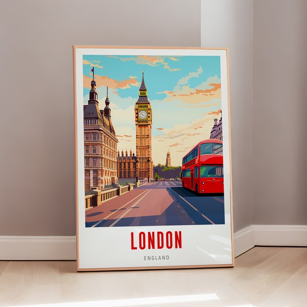 England Travel Poster London Iconic Landmarks Mid Century Modern Wall Decor British Aesthetic Gift Digital Print Eclectic Home Wall Art