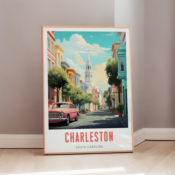 American Art Charleston Travel Poster Mid Century Modern Wall Art South Carolina Print Eclectic Decor USA Aesthetic Gift Digital Download