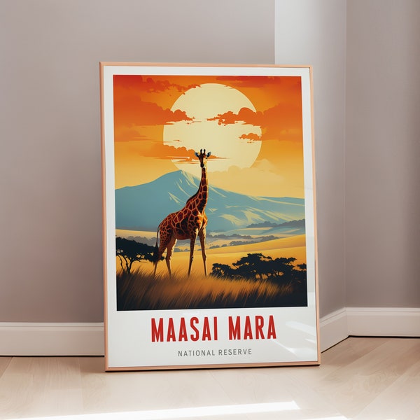 Affiche de voyage Masaï Mara Kenya impression milieu du siècle Art mural moderne, déco éclectique, art africain, cadeau esthétique safari en téléchargement numérique