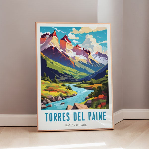 Travel Poster of Torres del Paine Mid Century Modern Wall Art Chile Print Eclectic Decor Latin American Art Aesthetic Gift Digital Download