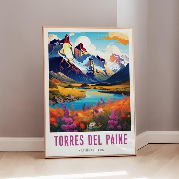 Chilean Art Torres del Paine Travel Poster Mid Century Modern Wall Art Chile Print Eclectic Decor Aesthetic Gift Digital Download