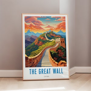 May include: A vintage-style poster featuring a colorful illustration of the Great Wall of China winding through a mountainous landscape. The poster has a blue and white title that reads "THE GREAT WALL" with the word "CHINA" in smaller font below.