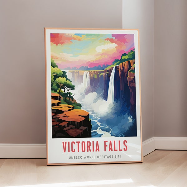 African Wall Art Victoria Falls Print Mid Century Travel Poster Zambia Zimbabwe Aesthetic Decor Digital Download Modern Wall Art Gift