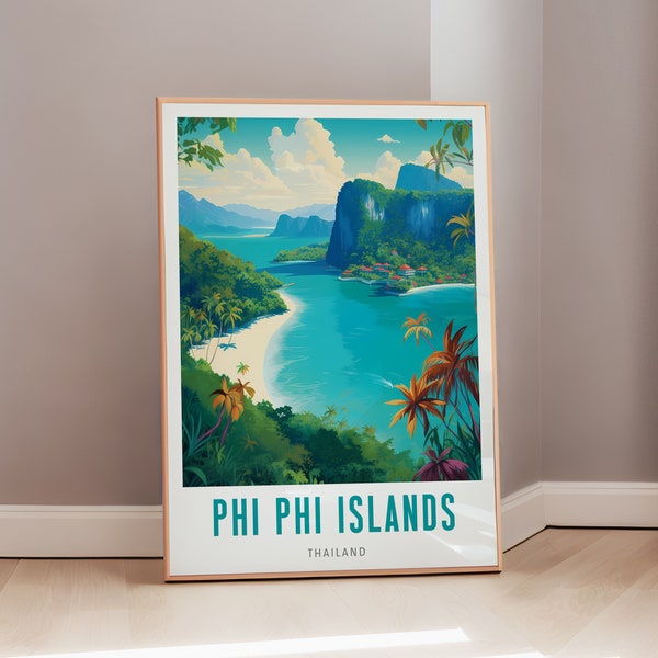 Thailand Phi Phi Islands Seascape Poster Mid Century Wall Art Tropical Thai Beach Print Asian Coastline Wall Decor Aesthetic Gift