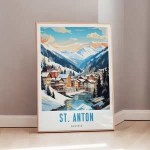 May include: A colorful illustration of a snowy mountain village with a river running through it. The text "ST. ANTON AUSTRIA" is at the bottom of the image.