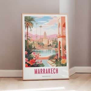 Affiche de voyage d'art marocain à Marrakech, art mural moderne du milieu du siècle, impression du maroc, décoration éclectique, cadeau esthétique africain, téléchargement numérique