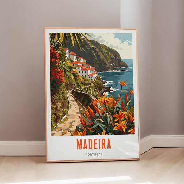 Affiche de voyage de Madère, art mural moderne du milieu du siècle, impression du Portugal, décoration éclectique, art portugais, Europe, cadeau esthétique, téléchargement numérique