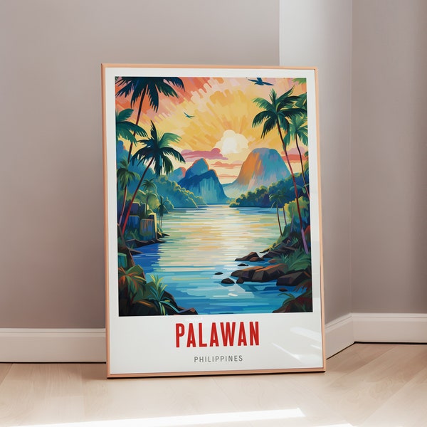 Affiche de voyage de Palawan, art mural moderne du milieu du siècle, impression des Philippines, décoration éclectique, art philippin, Asie, cadeau esthétique, téléchargement numérique