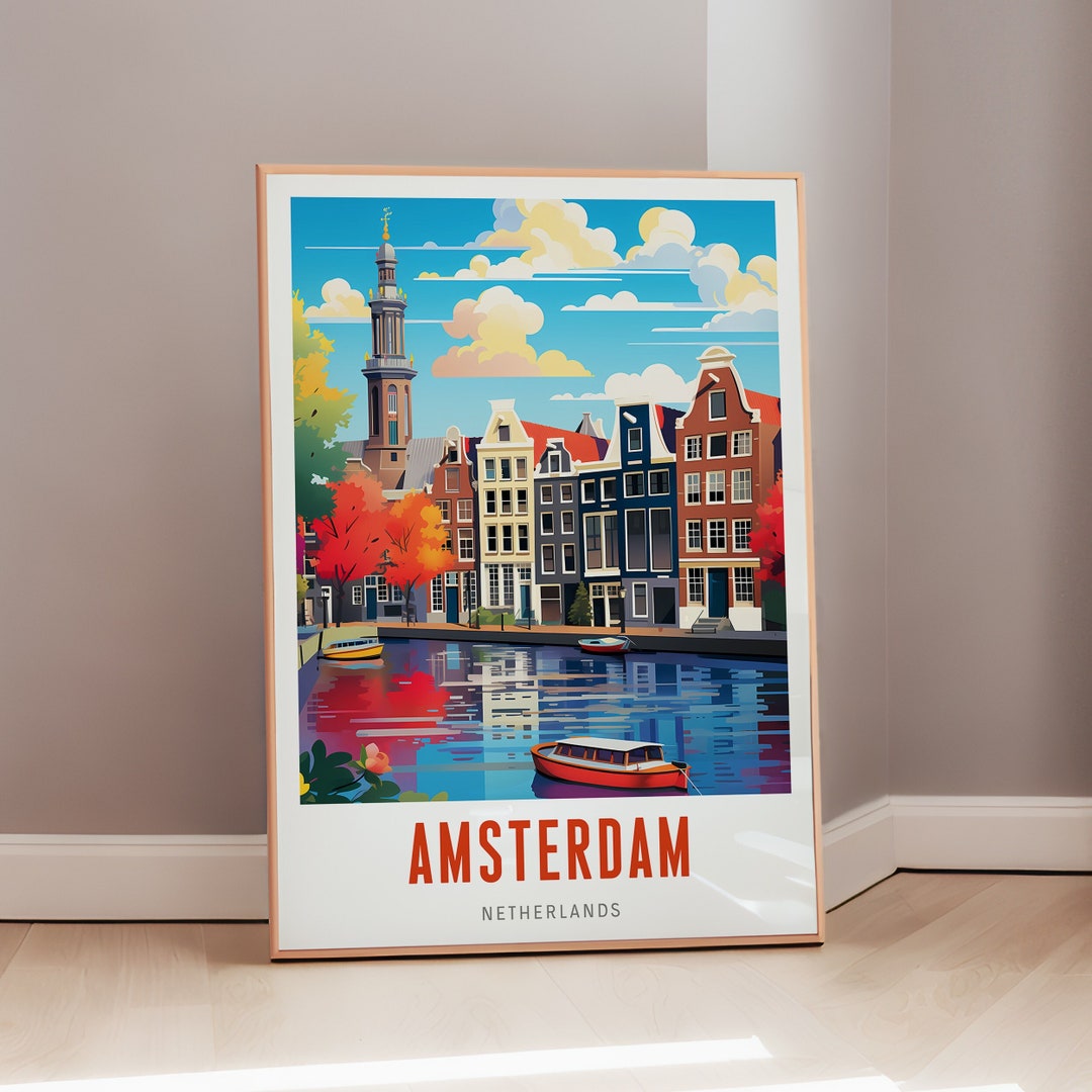 Amsterdam Canal Travel Poster Mid Century Wall Art Dutch Cityscape ...