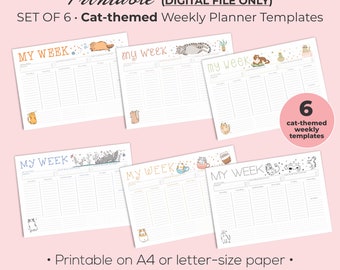 Cute Cats Weekly Planner Template Pack - Set of 6 plus Bonus Notes | Cats Weekly Planner | Weekly Planner | Cat-themed Weekly Planner Pack