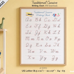 May include: A framed traditional cursive writing chart with the alphabet in black script, accented with red flourishes. The chart includes the text "Traditional Cursive Writing Chart (PDF Download)" and is available in US Letter (8.5 x 11") and other sizes.