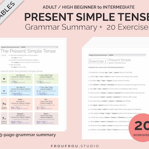 Mini-leçon sur le présent simple et 20 feuilles de travail imprimables - Exercices sur le présent simple pour adultes/débutants à intermédiaires
