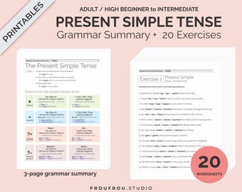 Simple Present Tense Mini-lesson and 20 Worksheets Printable ESL Pack - Simple Present Tense Exercises For Adults/Beginners to Intermediate