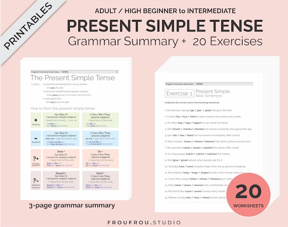 Simple Present Tense Mini-lesson and 20 Worksheets Printable ESL Pack - Simple Present Tense Exercises For Adults/Beginners to Intermediate